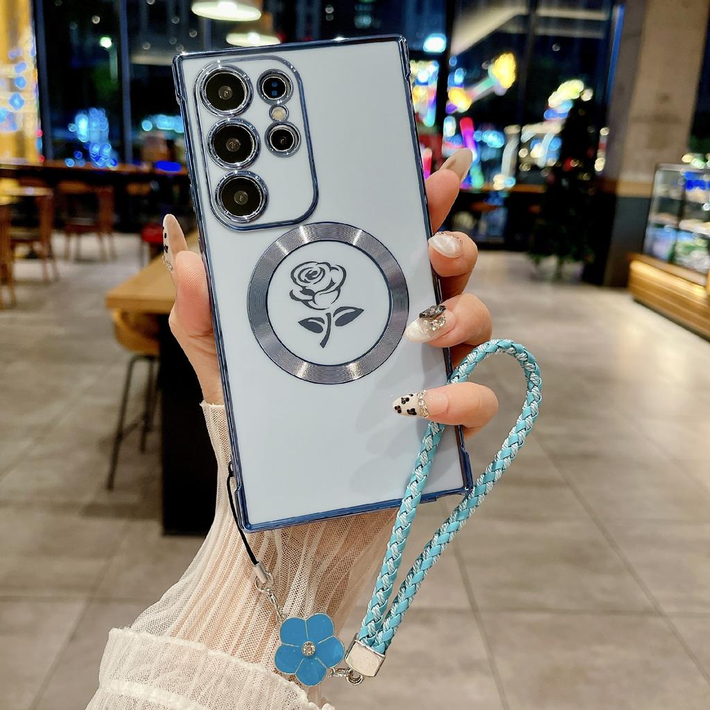 Pro Samsung Galaxy S25 Ultra Magnetické pouzdro s pleteným popruhem Růžový květ Elektroplátovaný TPU kryt na telefon