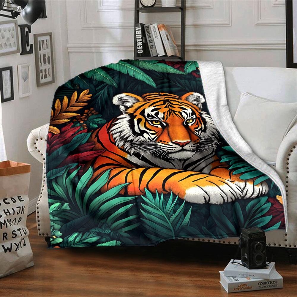 1pc Tiger Jungle Print Blanket, Lightweight Flannel Fleece with Digital Printing, Soft Warm for Sofa, Travel, Camping, Office, Couch, Chair, and Bed,