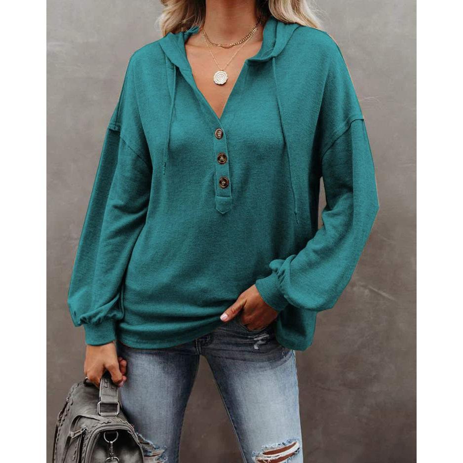 Woman Sweater Autumn/winter Buttons Hooded Leisure Loose Solid Color Lantern Sleeve Woman's Coat