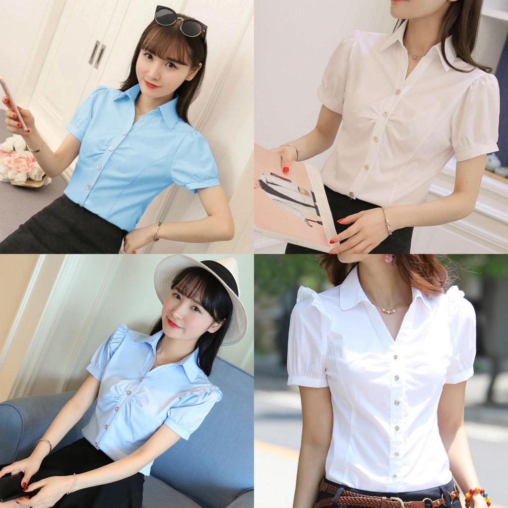 Womens Business Shirt Vneck Short Sleeve Cotton Blouse Office Wear For Spring Seasons