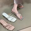 Bow square head low heel one-word drag girl wearing cool slippers in the summer of 2025 fairy style versatile pink sandals