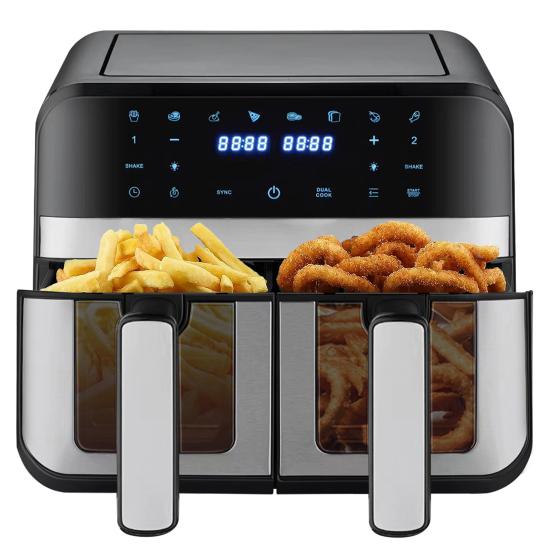 Friteuses à air chaud double zone avec fenêtre de visualisation Capacité 9L Double friteuse à air 2 tiroirs Écran tactile Fonction minuteur intelligent (EU Plug)