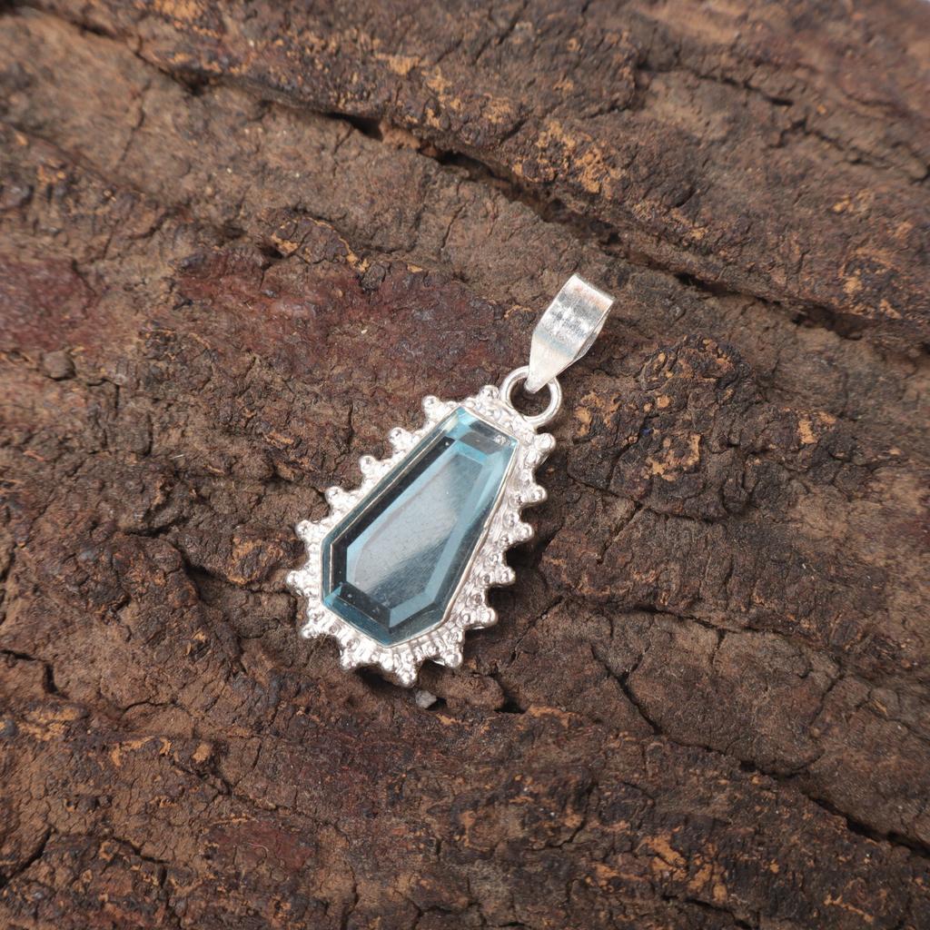 Coffin Sky Blue Topaz Stone 925 Sterling Silver Daughter Gift Birthday Pendant PP-54-5