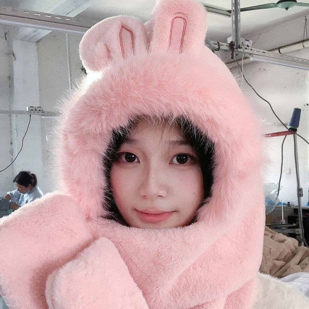 Winter Warm Hat Scarf Integrated Rabbit Ears Cute Plush Gloves Scarf Hooded Windproof Hat Three-Piece Set