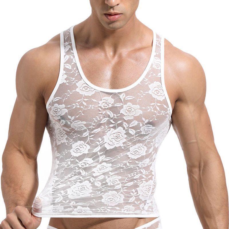 

Sexy Fashion Man Sheer Lace Men s Clothing Elastic Vest Tight Vintage Printing Tops Summer New Personality Tank Tops XL чорний