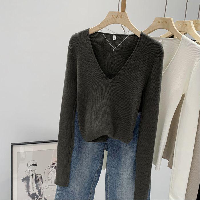 

Женский вязаный свитер с V-образным вырезом - Осенне-зимний базовый топ с длинными рукавами One Size
