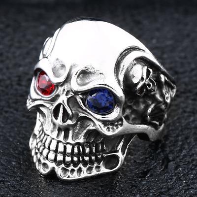 Retro Red Blue Eyes Skull Ring For Men Punk Gothic Rock Hiphop Open Ring Biker Accessories Handmade Designer  Unisex Gift