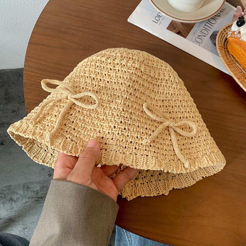 Bow bucket hat women's new spring and summer breathable sunscreen bucket hat show face small hat