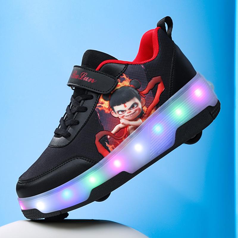 2025 New Runaway Shoes Boys Nezha Luminous Pulley Skates Four-wheel Invisible Walking Outdoor Sports Women