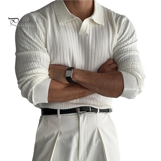 

Весна Осень Мужской Верхний Трикотажный Нитка Slim Fit Пуловер Отложной Воротник Длинные Рукава Эластичный Чистый Цвет Повседневная Деловая Рубашка XL слоновая кость