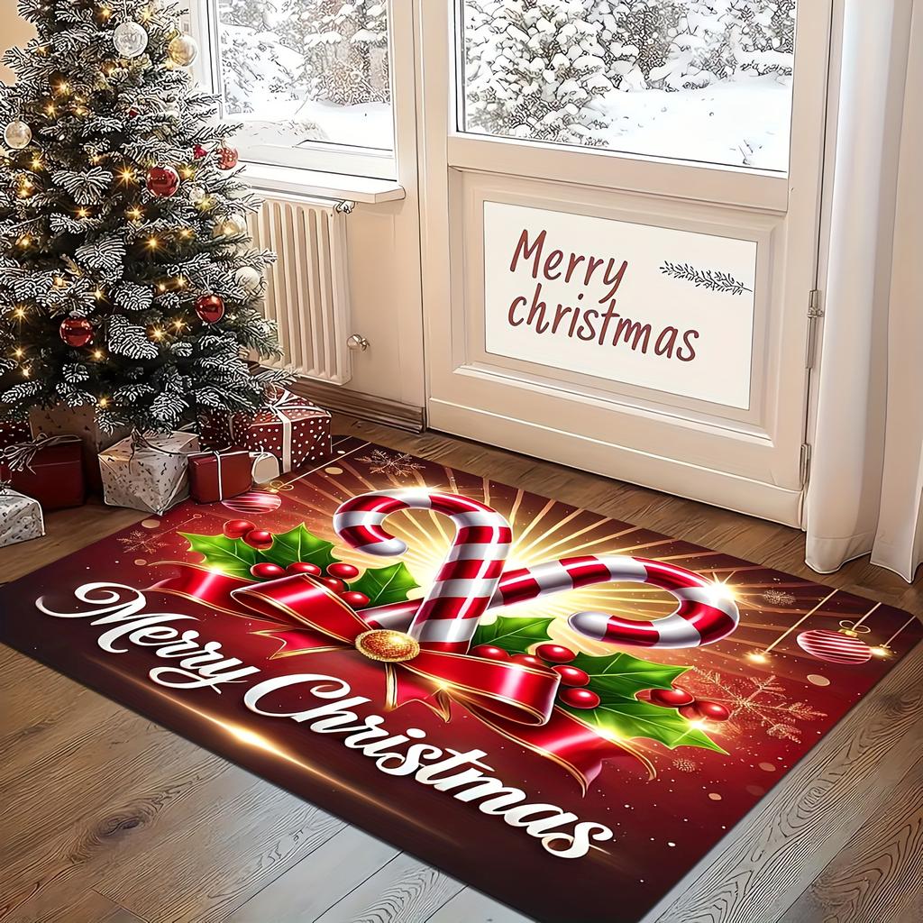 Christmas Doormat with Red Bow and Candy Cane, Flannel Polyester Mat, Non-Slip Machine Washable for Festive Entryway Decor