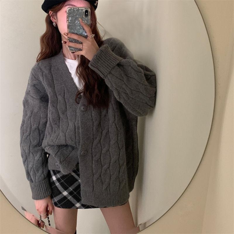 

Женский кардиган с V-образным вырезом однотонный в корейском стиле ленивый женский свитер с длинным рукавом осенний универсальный женский однобортный кардиган Onesize серый