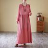 Spring Floral Vacation Style Travel Round Neck Retro Long Skirt with Meat Covering Cotton Linen Dress