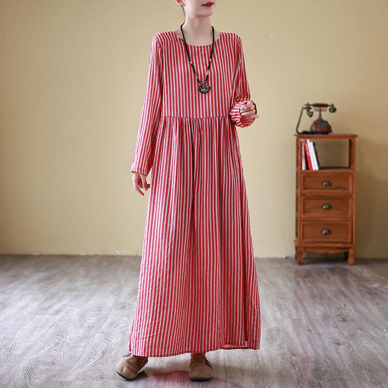Spring Floral Vacation Style Travel Round Neck Retro Long Skirt with Meat Covering Cotton Linen Dress