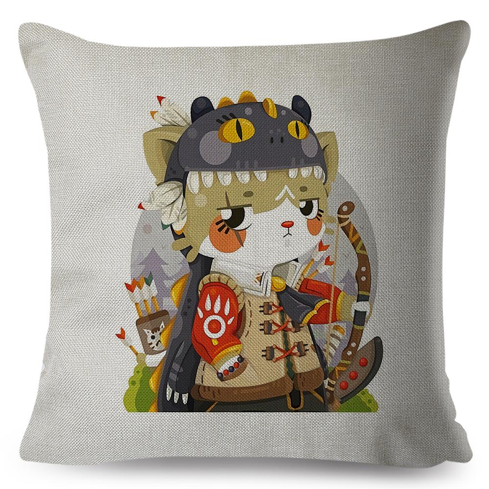 Adorable Cat Character Cushion 45x45cm Original Fantasy Theme Illustration High Resolution Print Woven Fabric Cover
