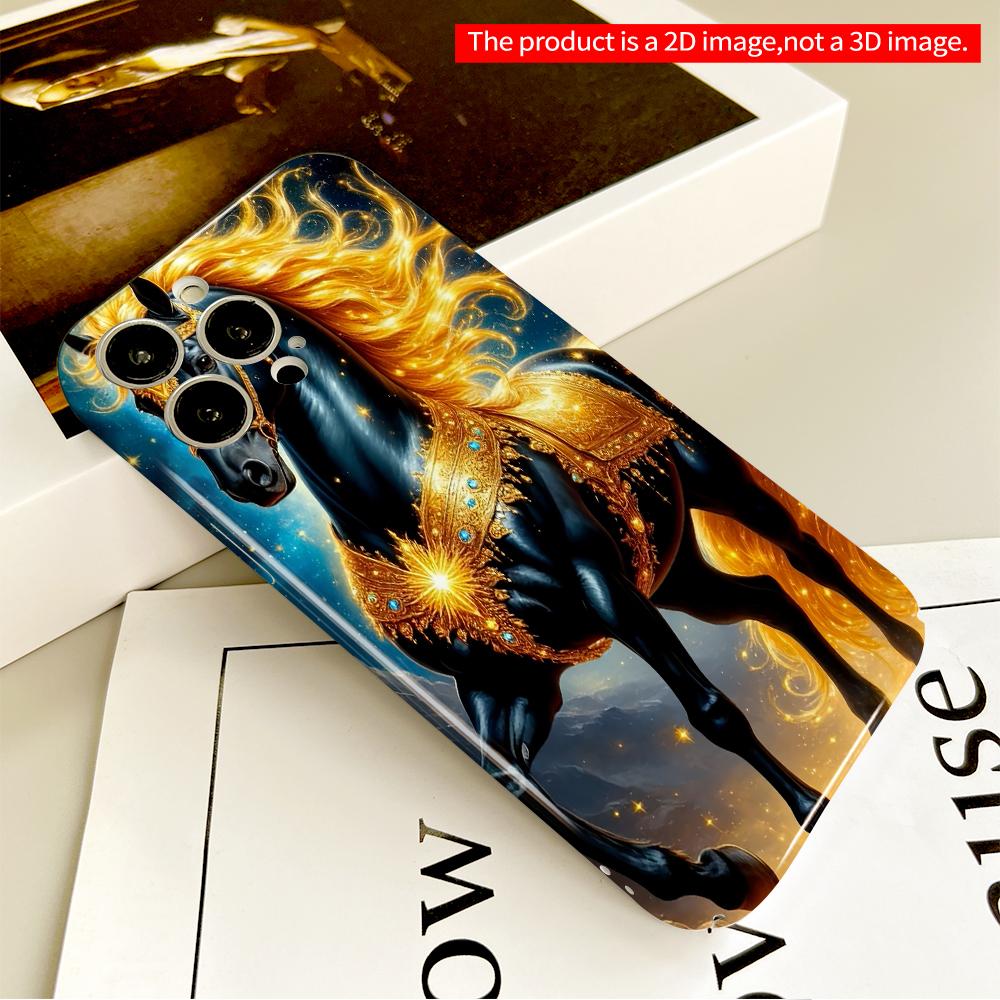 2DFlat Golden-Maned Black Horse in Starry Night All inclusive film hard phone case, compatible with iPhone 18 Pro Max 17 16 15 14 13 12 11