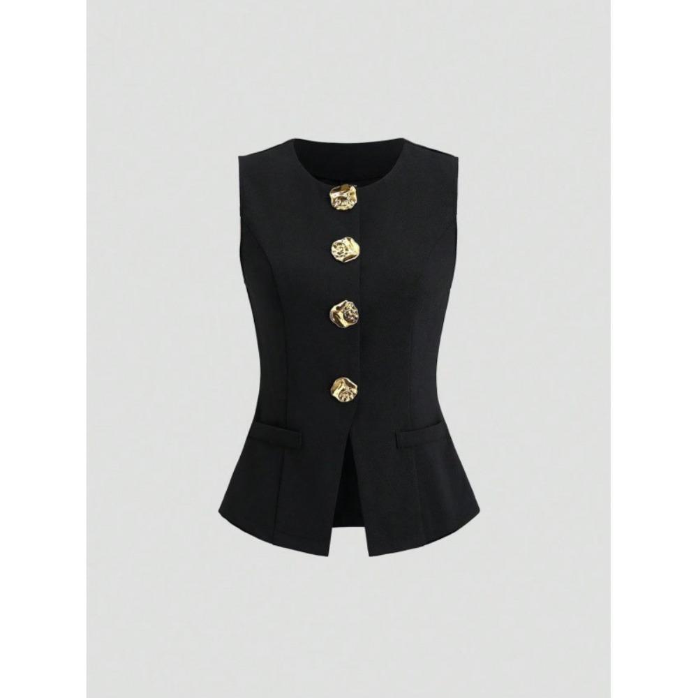 Women s Round Neck Sleeveless Vest Slim Fit Solid Gold Button Decor Elegant Formal Waistcoat S