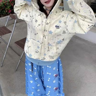 Cute Cartoon Printed Loose Hoodies Autumn Winter Fleece Hooded Women's Clothing Zipper Chic Three-dimensional Ears Sweatshirts