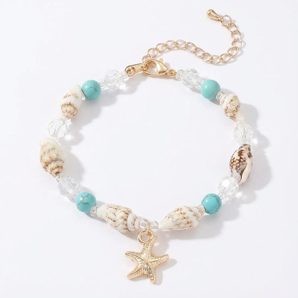 Braccialetto Bohémien con Conchiglie Cowrie, Ciondoli Carini a Stella Marina, Perline Blu, Elastico per Polso da Donna, Gioielli per Vacanze Estive al Mare