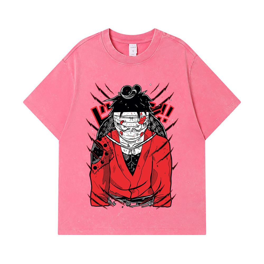 275 GSM Washed T-shirts 100% Cotton One Piece V26 Luffy Wano Print Unisex Heavy Cotton T Shirt