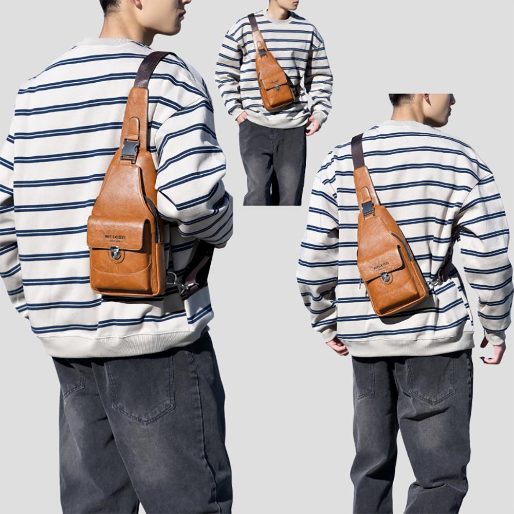 WEIXIER Men's Leather Sling Bag Crossbody Backpack Water-Resistant Shoulder Bag for Travel, Hiking, Daily Commute
