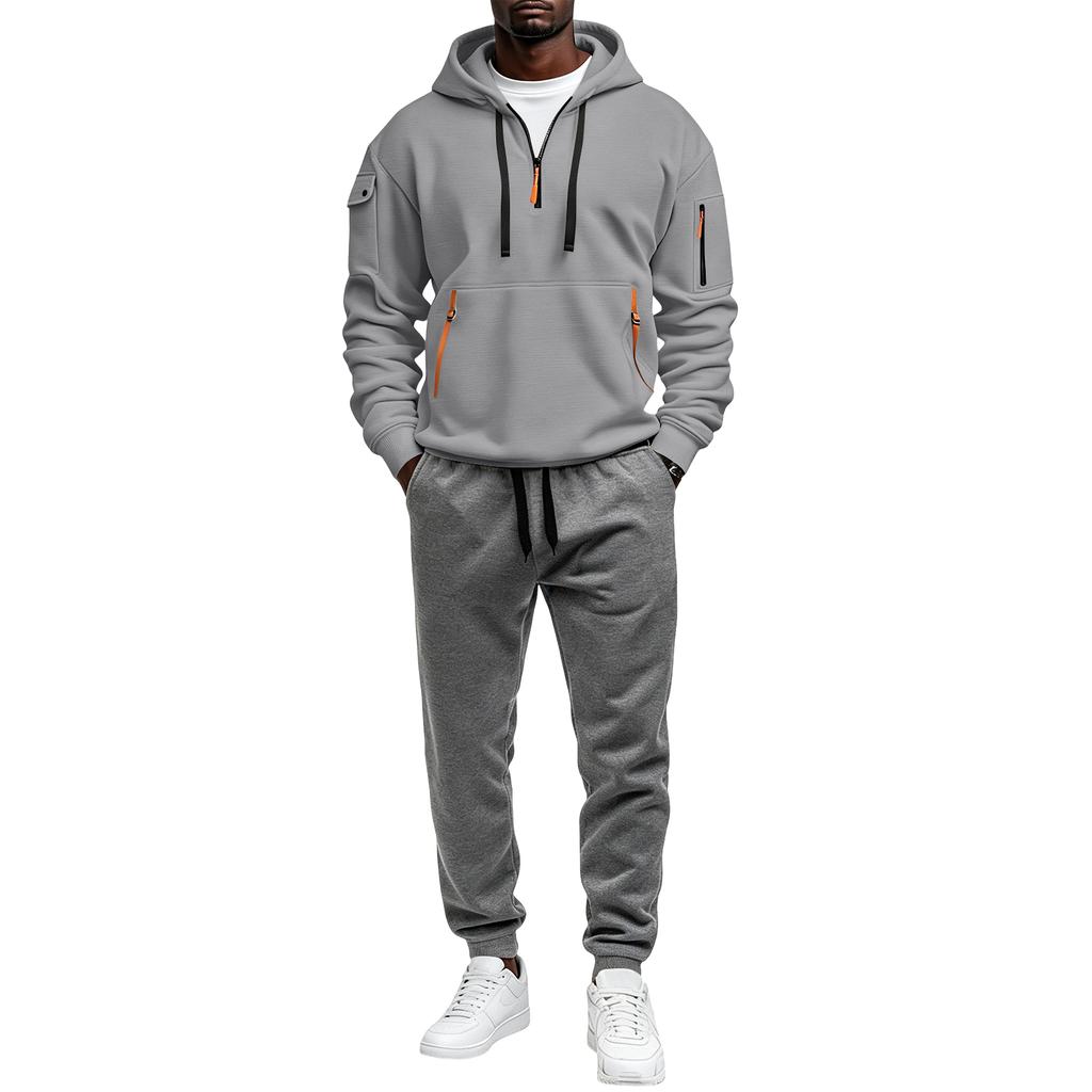 Men's Lined Hoodie Sweatshirt Set with Zipper and Multiple Pockets Casual Winter Outfit