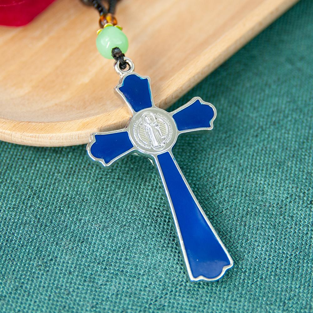 HT St. Benedict Blue Enamel Crucifix Pendant Wooden Bead Rosary Chain Metal Jesus Cross Religious Catholic Prayer Jewelry Gift