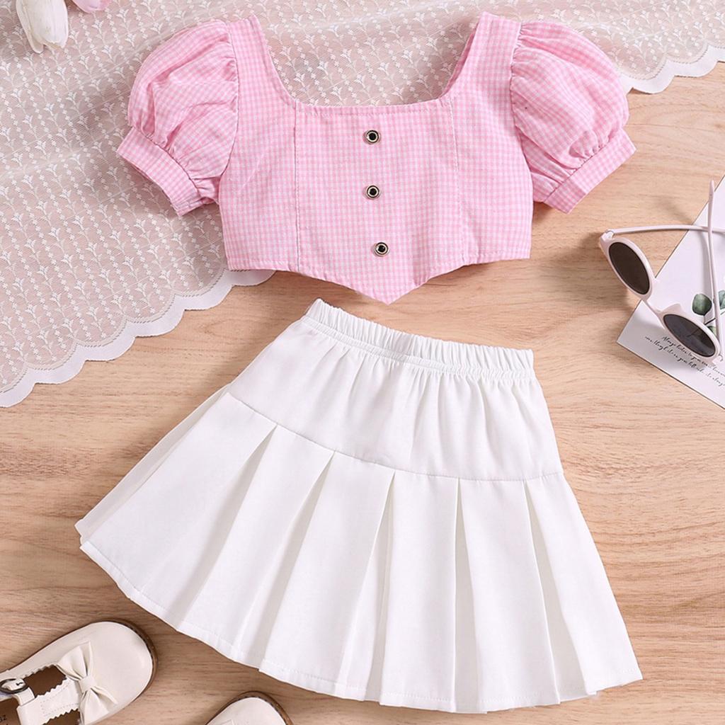 Girls' Fashion Set: Summer Children's Checkered Flared Sleeve Square Neck Pullover, Solid Color Patchwork Pleated Skirt Two-piece Set