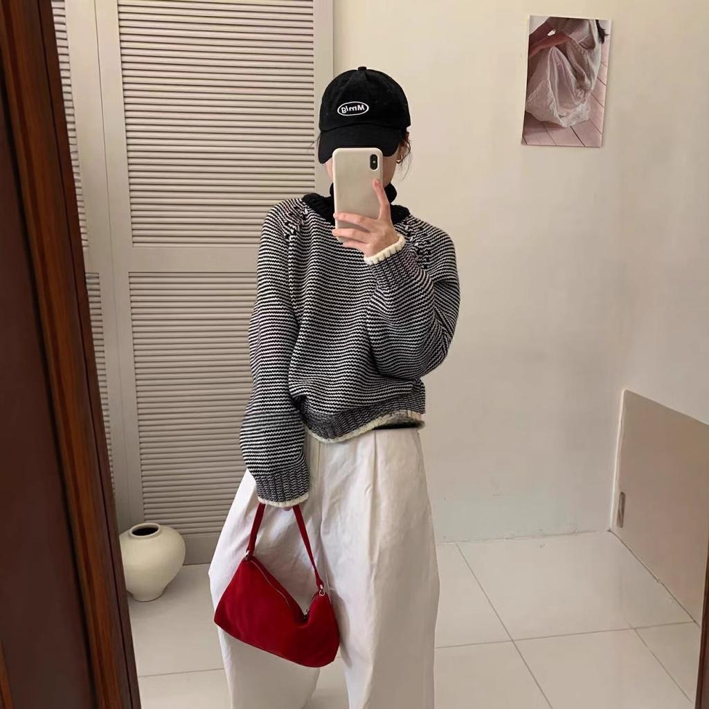 Foreign trade stripes loose lazy wind long-sleeved warm jumper women simple stacking wear winter contrasting color jumper women
