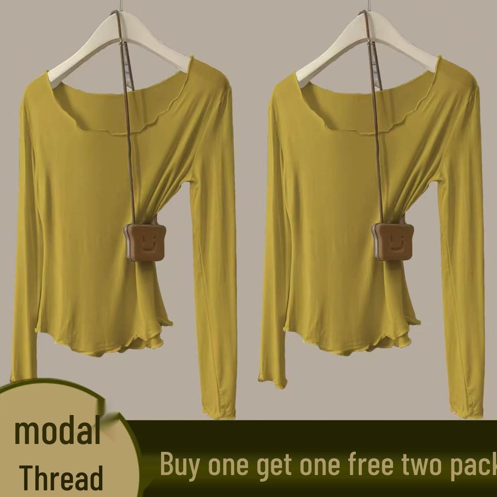 Women's Autumn Modal Ribbed Top: Round Neck, Long Sleeve, Rolled Hem, Base Layer T-Shirt