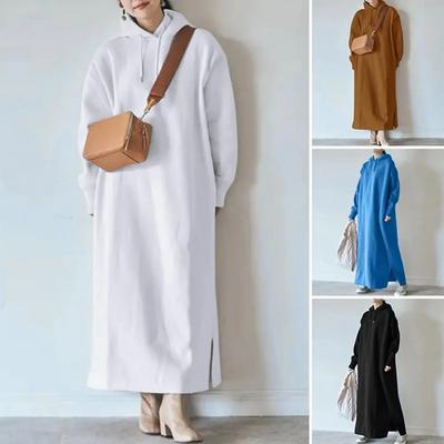 Women Sweatshirt Dress Drawstring Long Sleeve Side Split Hem Hoodie Dress Thickened Fleece Lining Hooded Maxi Dress