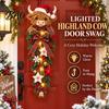 Holiday Plaid Ribbon Door Sign Lighted Highland Cow Christmas Swag, LED Hanging Decor with Decorative And Berries, Farmhouse for Front Entryway