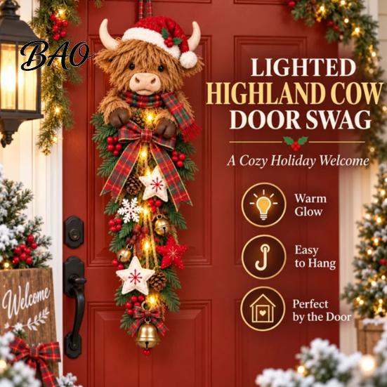 Holiday Plaid Ribbon Door Sign Lighted Highland Cow Christmas Swag, LED Hanging Decor with Decorative And Berries, Farmhouse for Front Entryway