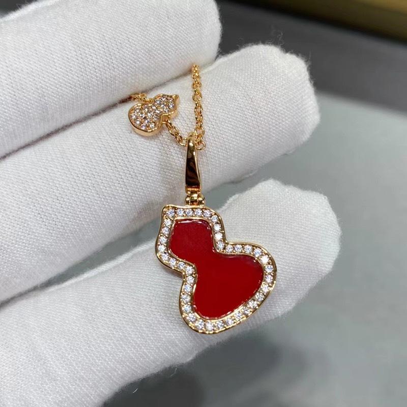 Elegant Gourd Necklace: 925 Sterling Silver with 18K Rose Gold, White Mother-of-Pearl, and Red Chalcedony Pendant