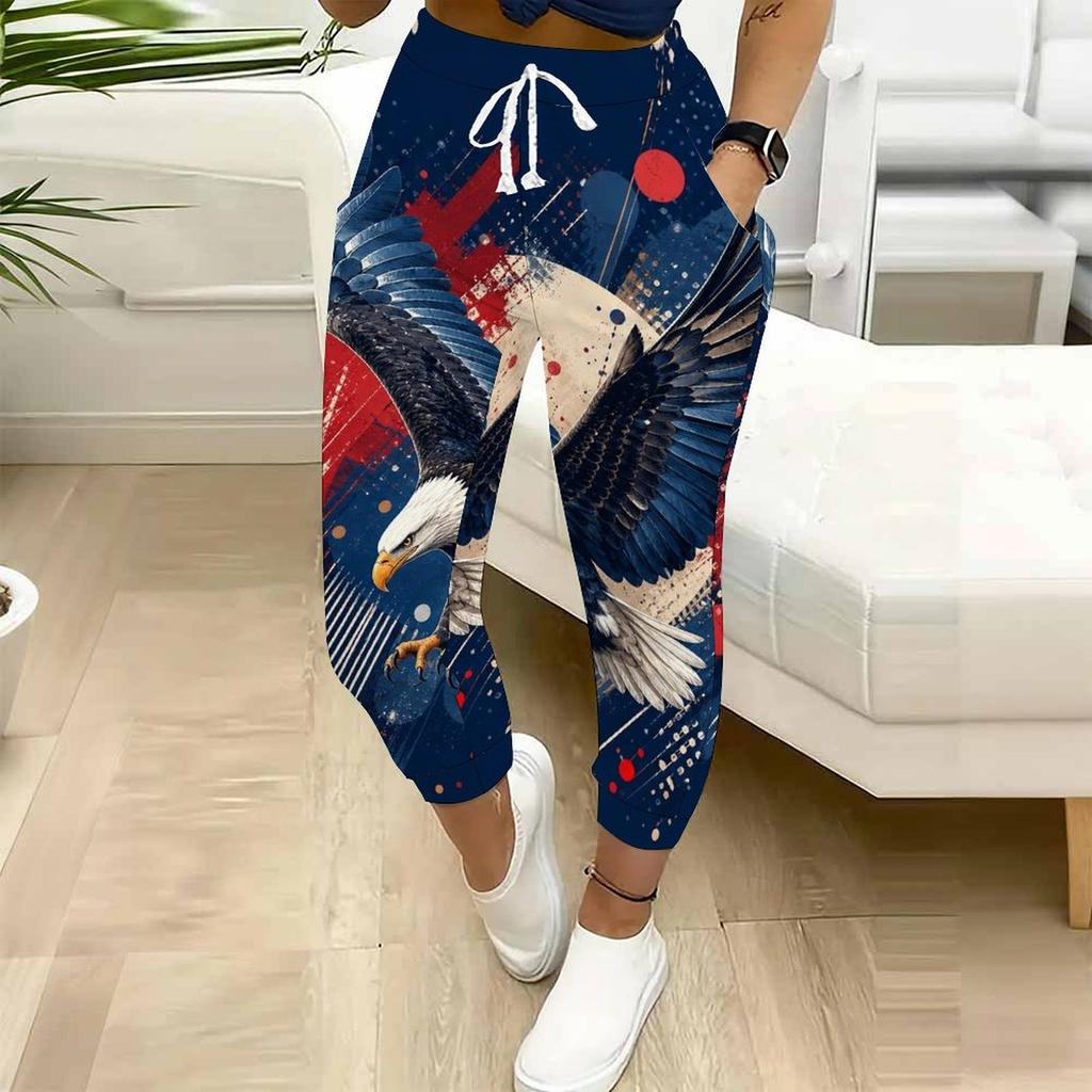 Women Plus Size American Eagle Flag Printed Jogger Pants Drawstring Waist Side Pockets Cuffed Ankle