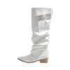 Autumn and winter new French white boots women's belt buckle pleated pile boots pointed thick heel knight boots