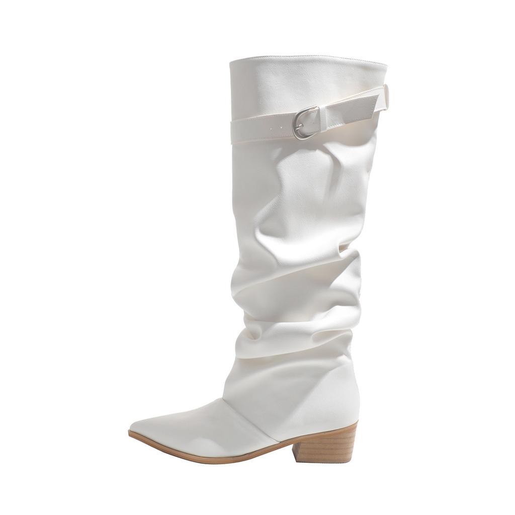 Autumn and winter new French white boots women's belt buckle pleated pile boots pointed thick heel knight boots