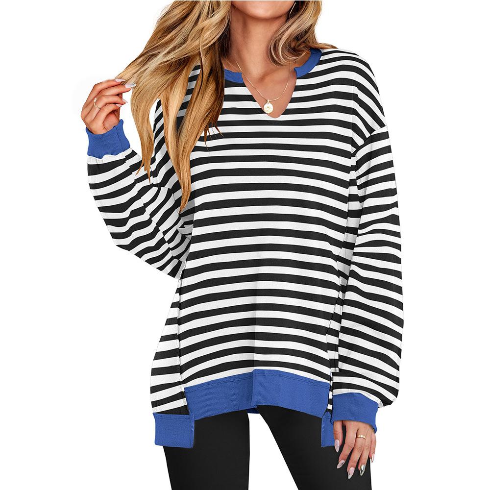 A New Autumn and Winter Style of Colorful Striped V-neck Loose Sweatshirt for Women