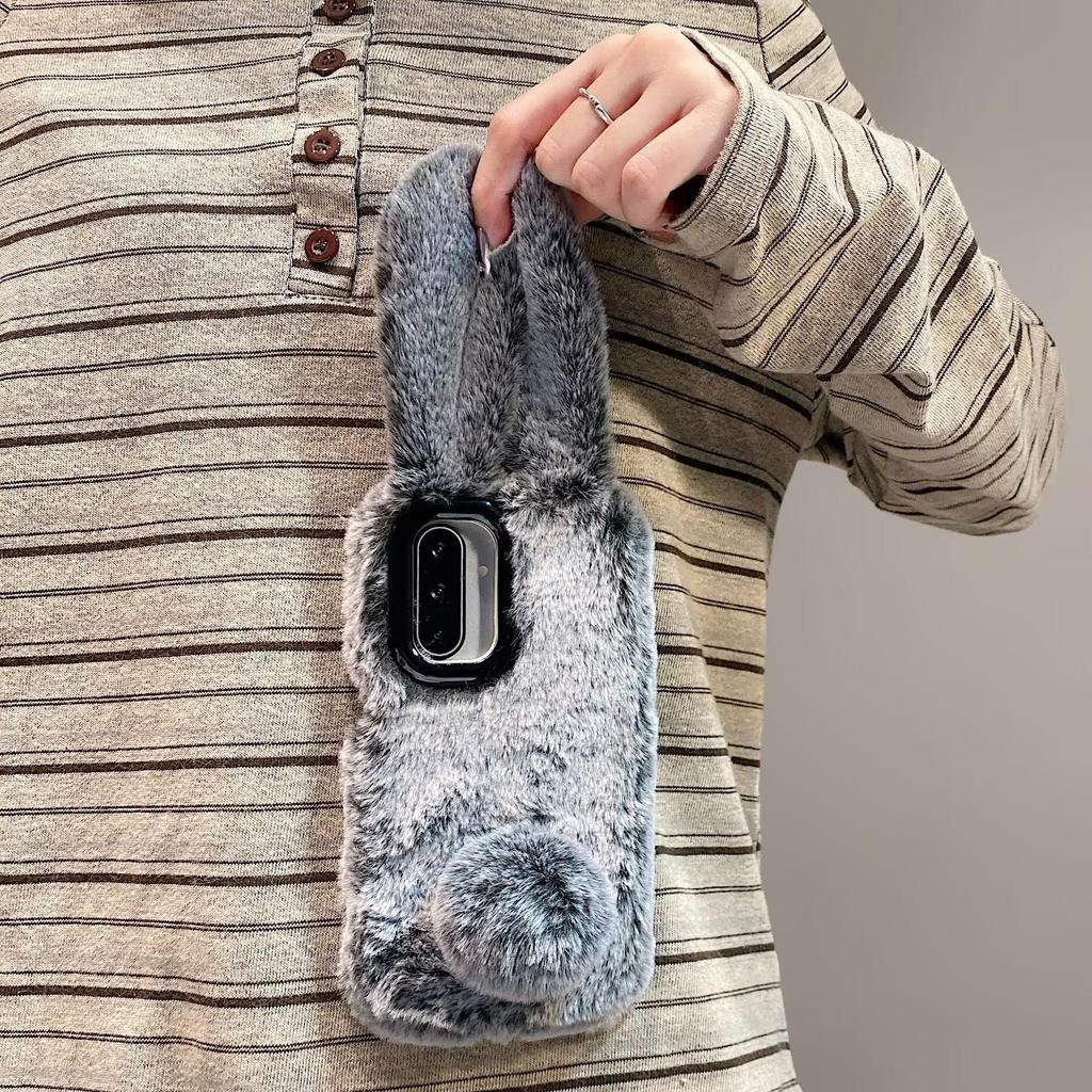 Luxury 3D Rabbit Ears Warm Furry Plush Phone Case For Samsung Galaxy S23 S24 S25 S26 Ultra Plus A56 A54 A55 A36 Shockproof Cover Camera Frame Stand