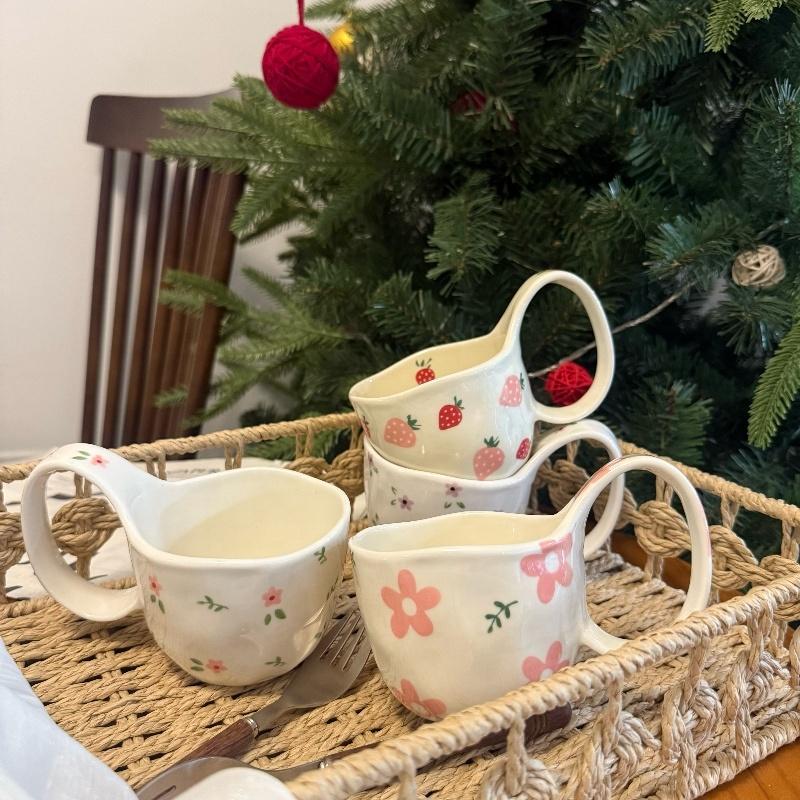 2025 New Collection Ceramic Mug Hand-Painted Flower Strawberry Design Cute Irregular Ceramic Coffee Cup with Large Handle