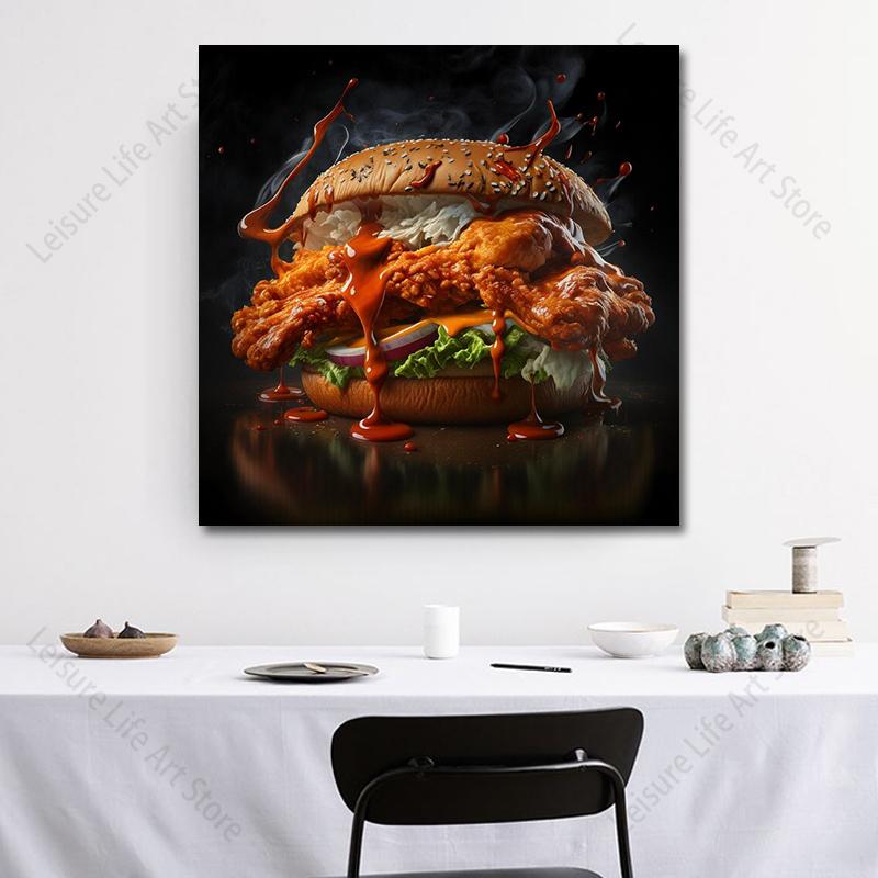Modern Art Chicken Burger Canvas Painting Food Art Fast Food Hamburger Poster and Prints for Living Room Restaurant Wall Decor