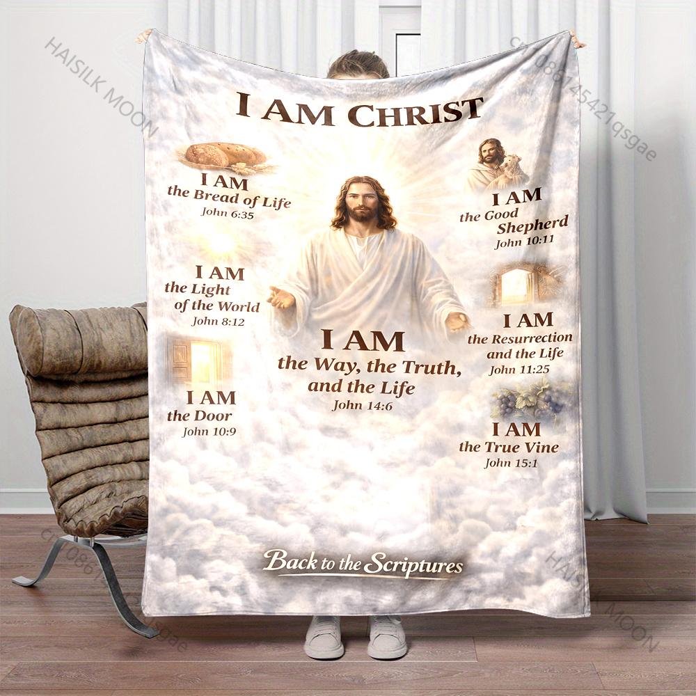 Jesus Symbolic Depictions with Verses Print Believer Pray Blanket Warm Soft Flannel Material Suitable for All Seasons Gift