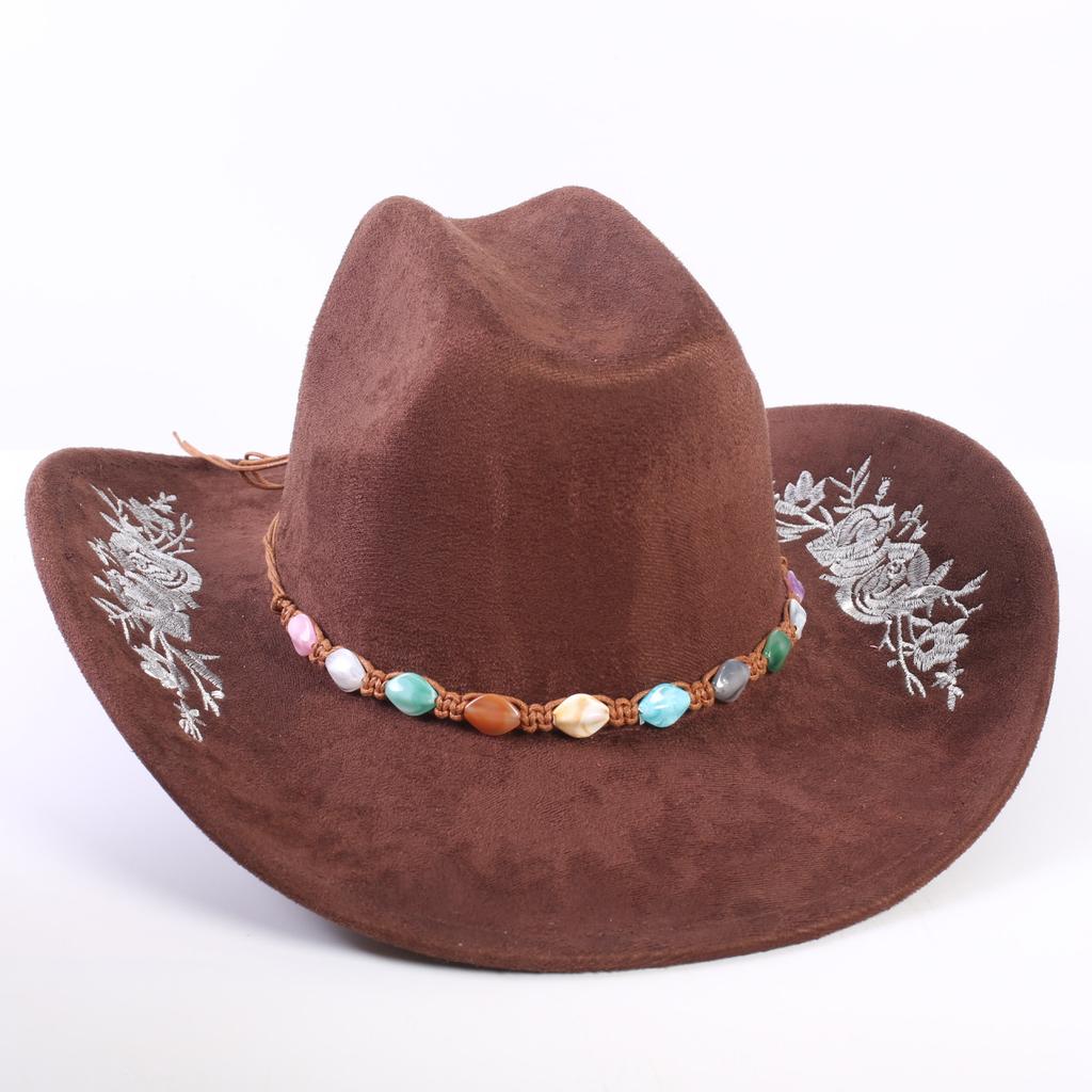 Beliebter europäischer und amerikanischer klassischer Wildleder Western Cowboyhut für Herren und Damen, großer Schirm, bestickt, Outdoor-Sonnenhut