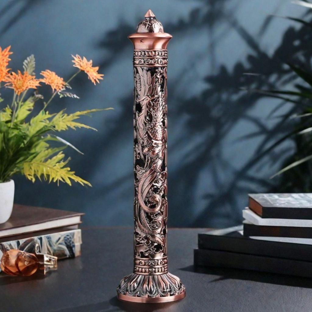 Vintage Vertical Incense Holder Dragon and Phoenix Pillar for Home Office, Celebration Decor, Room Decor,Furniture,New Year Gift