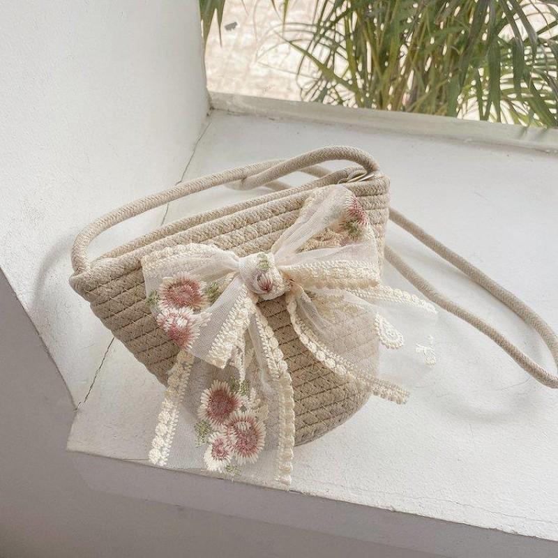 Weaving Small Bag Ribbon Bow Fashionable Sweet Beach Fresh Lace Flower Cross-body 24x15