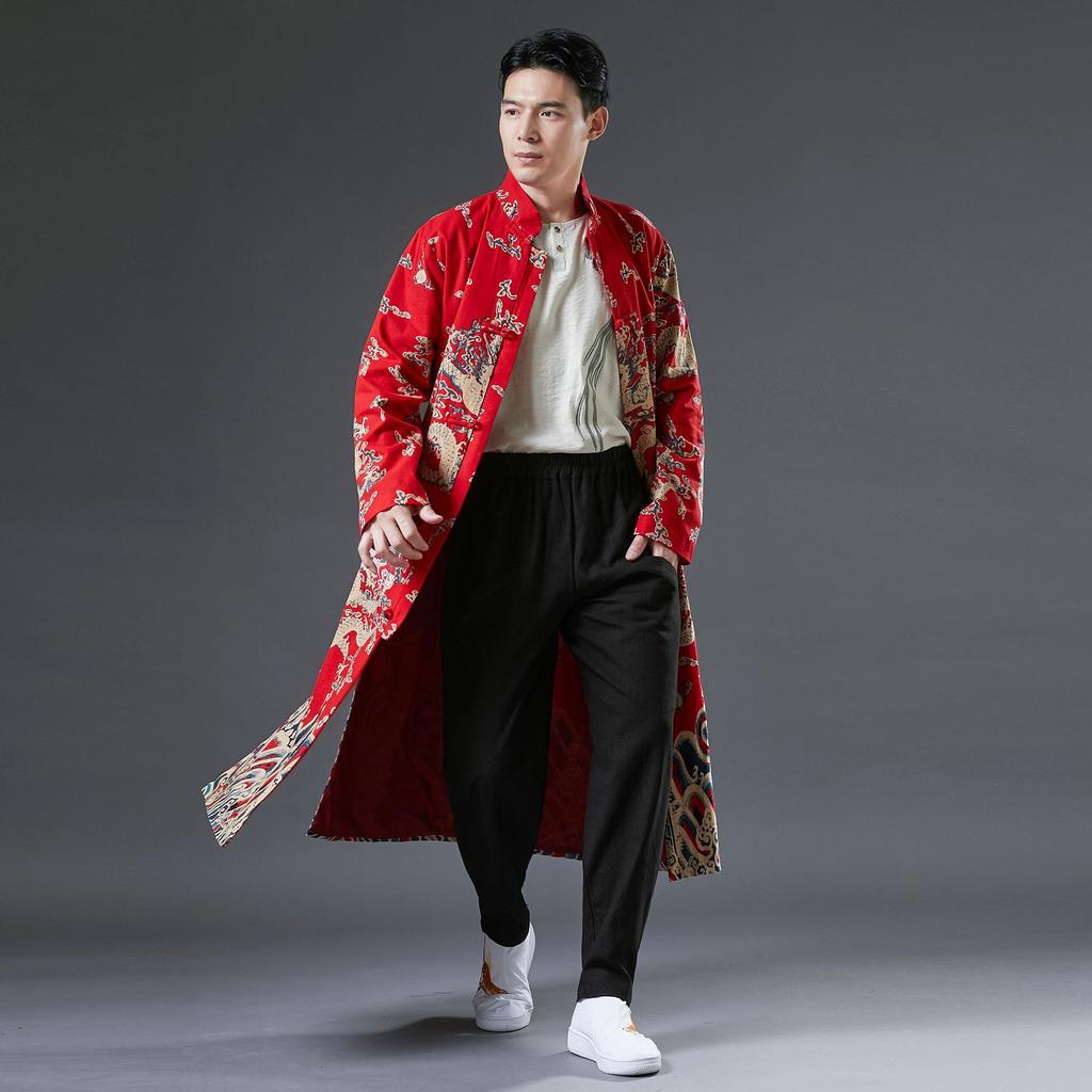 Winter new double-layer dragon pattern trench coat cotton and linen printed disc-buckled cardigan loose stand-up collar Chinese style coat