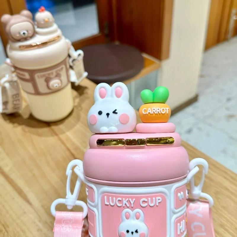 Cute Rabbit Bear Thermos Double Drinking Straw Tumbler Water Bottles For Boys and Girls Portable Children's Drinking Water Cup