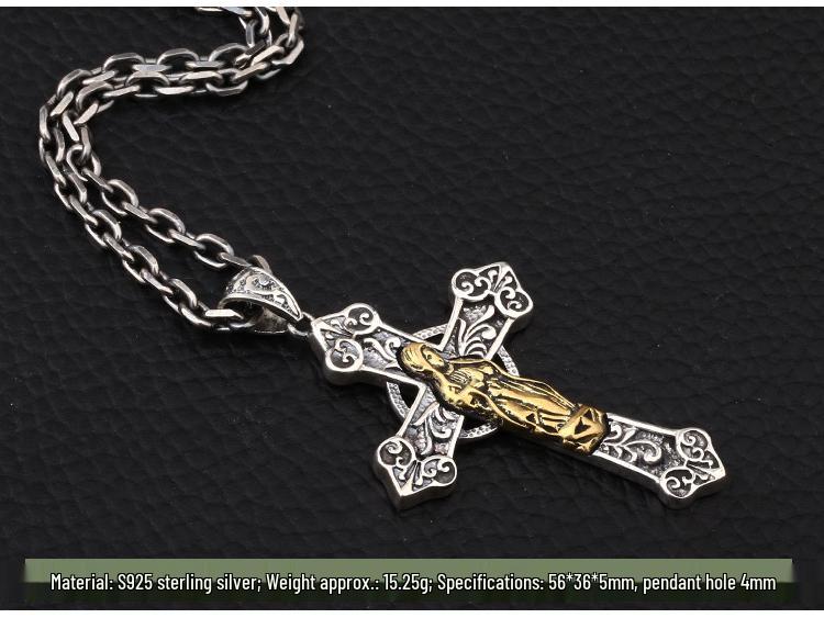 S925 Sterling Silver Virgin Mary Cross Necklace Pendant - Unisex Korean Fashion Thai Silver