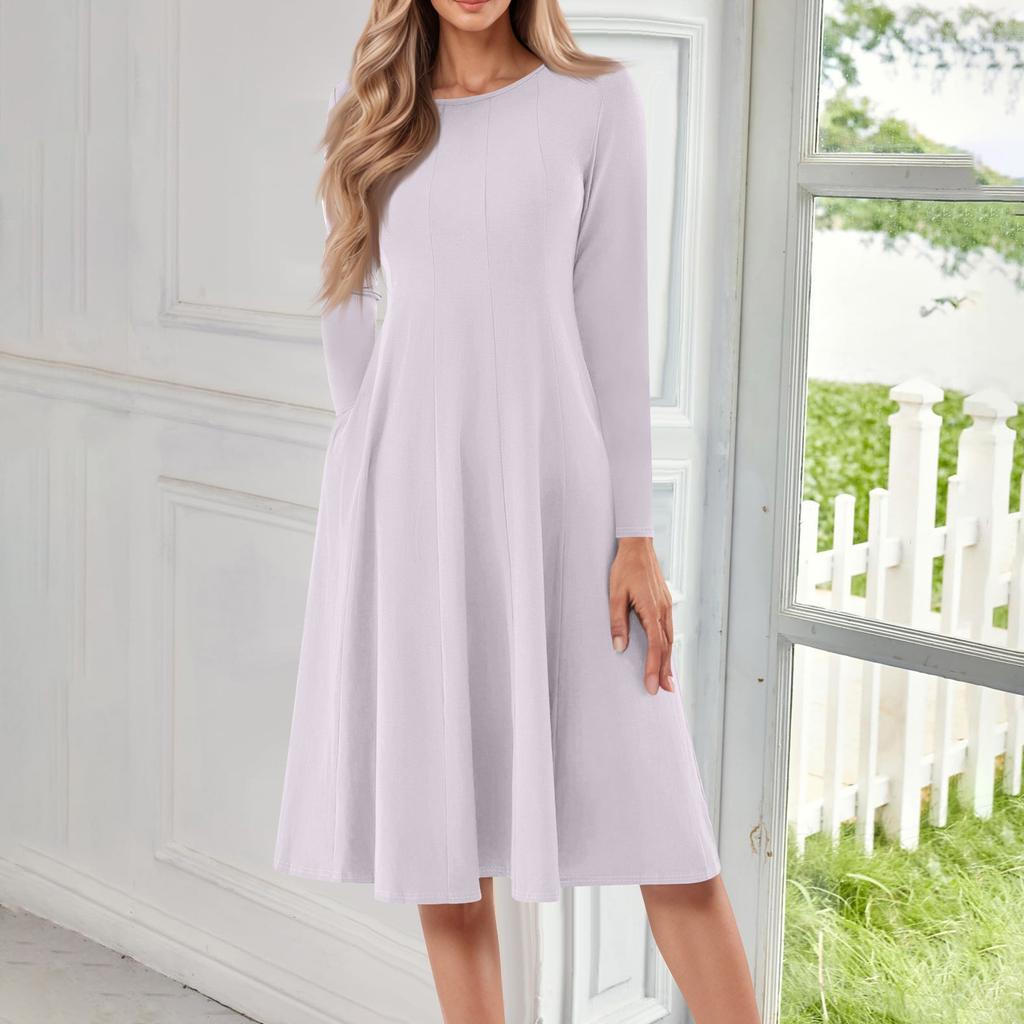 Damen Freizeitmode Rundhals Langarm Farbe Midi Kleid