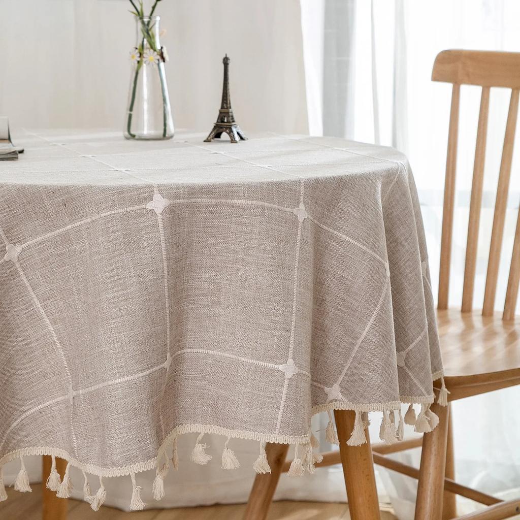 Solid Embroidery Lattice Tablecloth Cotton Linen Dust-Proof Checkered Table Cover For Kitchen Dinning Tabletop Decoration